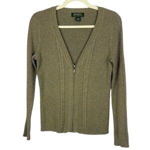 Eddie Bauer Cotton Blend Tan Ribbed V-Neck Zip Front Medium Cardigan Sweater
